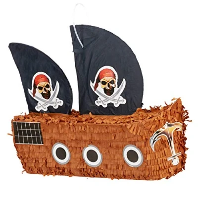Imagen de Relaxdays Piñata Barco Pirata sin Relleno, Papel, Negro Marrón, 35 x 44 15 cm, Color, Pinata einzeln (10022570)