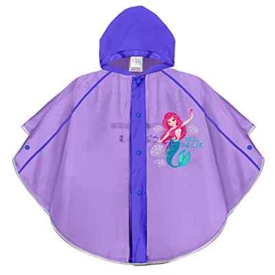 Imagen de PERLETTI Chubasquero Niña 3 4 5 6 Años con Sirenita Poncho Lluvia Impermeable Infantil Sirena Capucha Botones a Presión Ropa de Agua Niñas Lila Detalles Reflectantes (Violeta, Años)