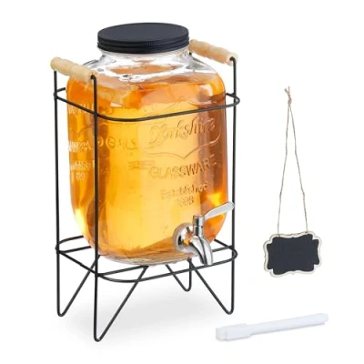 Imagen de Relaxdays Dispensador Bebidas con Soporte, Recipiente Limonada 5 L, Grifo Acero Inoxidable y Tapa, Cristal, Transparente