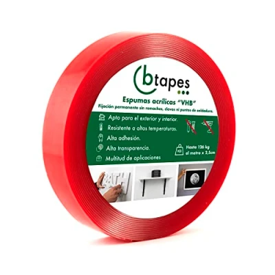 Imagen de Btapes cinta adhesiva doble cara de montaje transparente. Extrafuerte SIN CLAVOS. la más fuerte del mercado (126kg/m). Resistente a humedad, agua y temperatura. 1,5m x 19mm