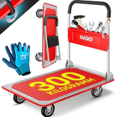 Imagen de MASKO® carro plegable con plataforma de transporte, incluye guantes trabajo, freno estacionamiento, ayuda 6 ojales seguridad, ruedas giratorias 360, (rojo,