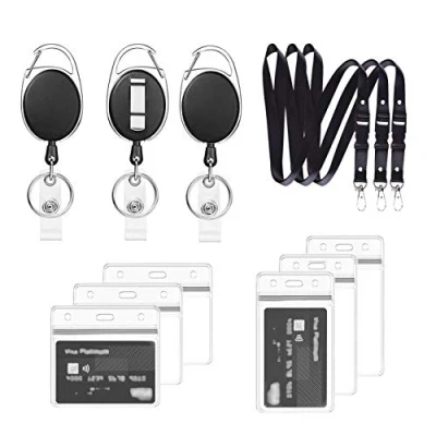 Imagen de Porta Tarjetas llavero Retractil y Lanyard,3 Juego Incluye extensible retractil, Lanyard funda tarjeta identificación a prueba de agua, para cordón, portatarjetas, (Negro B03)