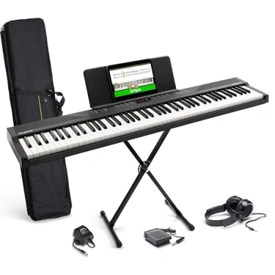 Imagen de Alesis Teclado piano con 88 teclas y 480 sonidos, altavoces, MIDI USB, estuche, soporte, auriculares, pedal lecciones de incluidas