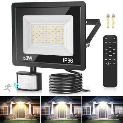 Imagen de TailcasLED 50W Foco LED Exterior con Sensor Movimiento, 4500LM 3000K/4000K/6500K Proyector Control Remoto, IP66 Impermeable Focos para Jardín Patios Garaje
