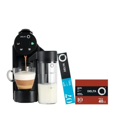 Imagen de Delta Q Cafetera de Cápsulas Mini MilkQool Color Negro 20 Bares Presión Capacidad 0,6 L Con Depósito Leche Incluye 40 Intensidad 10 y Descafeinado