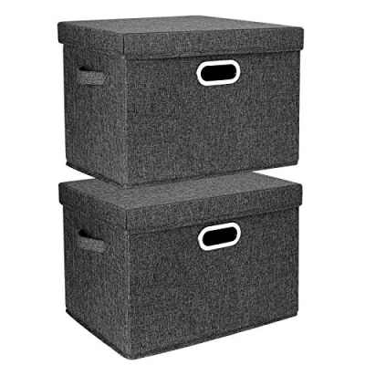 Imagen de TYEERS Grandes Cajas de Almacenaje con Tapa, Tela, Lavable, Organizadoras, 44x30x29 cm, Juego 2, Negro