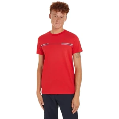 Imagen de Tommy Hilfiger Camiseta de Manga Corta para Hombre Stripe Chest Tee Cuello Redondo, Rojo (Primary Red), M