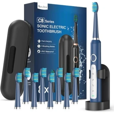 Imagen de Cepillos de Dientes Electricos Sónico Adultos con 8 Cabezal 5 Modos Cepillo Electrico Estuche, IPX7, Eléctricos Ultrasónicos para Familia Viajar, Azul Marino