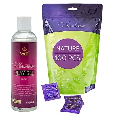 Imagen de VIBRATISSIMO Condones Nature paquete de 100 y lubricante 250ml I caja preservativos premium extra húmedos grosor fino color natural condenes ultra sensitivos anticoncepción hombre b=53mm