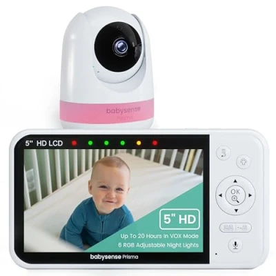 Imagen de Babysense Prisma Vigilabebés con cámara y audio, vídeo HD de 5 pulgadas, luz nocturna 6 colores, pantalla dividida, máquina sonido para bebés ruido blanco canciones cuna, seguro sin
