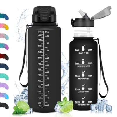 Imagen de Vikaster Botella Gimnasio, 1.5 l con Pajita, Botellas Agua sin BPA, Fácil de Abrir, a Prueba Fugas, Reutilizable, Running