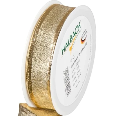 Imagen de Halbach Seidenbänder cinta de regalo dorada, fabricada en Alemania, con bordes alambre moldeables, 25 mm x m, elegante dorada para bodas o Navidad