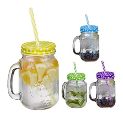 Imagen de Relaxdays Jarras con Tapa y Pajita, Set de 4 Jarritas Limonada, 500 ml, Vasos Retro Veraniegos Asa, Multicolor, Hierro
