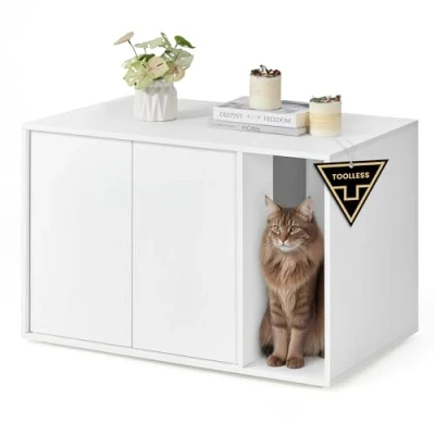 Imagen de SONGMICS HOME Montaje Super Rápido Sin Herramientas, Caja Arenero, Casa Grande para Gatos, Puerta con Apertura a Presión, Tecnología TOOLLESS, Blanco Nieve PCL013W01