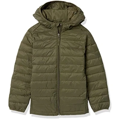 Imagen de Amazon Essentials Chaqueta Acolchada con Capucha, Plegable, Ligera y Resistente al Agua Niño, Verde Oliva Oscuro, 11 12 años