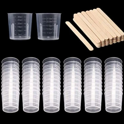 Imagen de 60 paquete de 30 ml taza mezcla plástico tazas medir graduó con 50 agitación madera palos kit para la pintura resina epoxi mancha