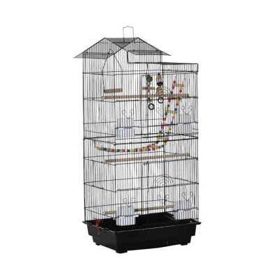 Imagen de PawHut Jaula para Pájaros Pajarera de Metal con Múltiples Puertas 4 Comederos 3 Perchas Columpio Escaleras y Bandeja Extraíble Loros Canarios Periquitos 46x36x100 cm Negro