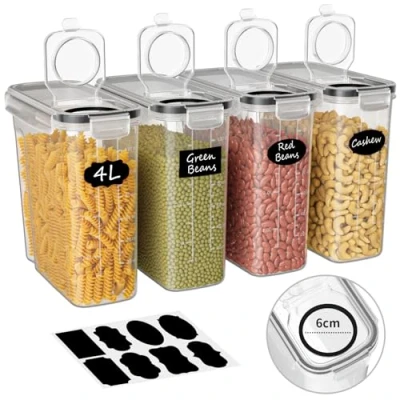 Imagen de Withosent 4L Botes Cocina Almacenaje 4 Piezas, Recipientes para Alimentos de Plástico, Hermeticos Contenedores Cereales Pasta Granos Arroz Harina
