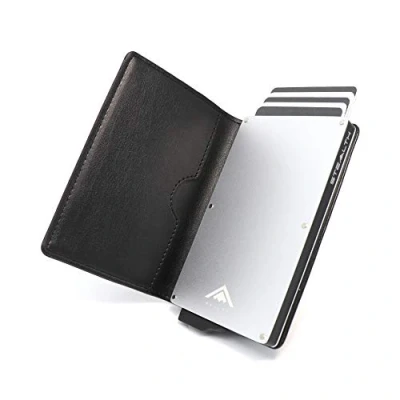 Imagen de Stealth Wallet Tarjetero Hombre con Protección RFID Cartera Pop Up y Caja de Regalo Porta Tarjetas Crédito Metal Delgado Ligero (Aluminio Plateado, Cuero Negro)