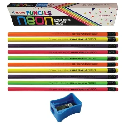 Imagen de Kores Funcils lápices de escritura neón, mina oscura unidos negros, paquete 10, sacapuntas madera, ideal para la escuela, oficina, uso doméstico