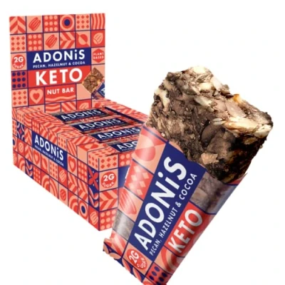 Imagen de Barras Keto de Adonis Pacana, Avellana y Cacao (16x35g) Vegano Snacks 100% Naturales Sin Gluten/Sin Azúcar/Aceite Palma Bajo en Azúcar, Calorías