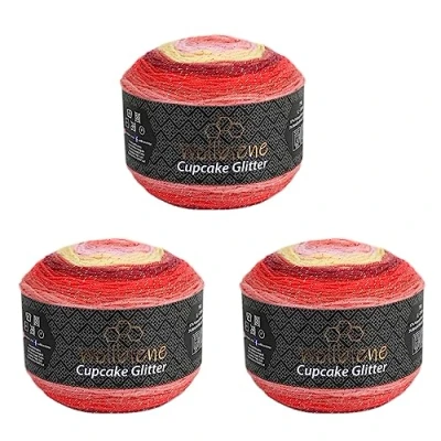 Imagen de Cupcake Glitter Simli Ovillos de lana para tejer (3 unidades 150 g, 450 gramos, y hacer ganchillo), color rojo amarillo