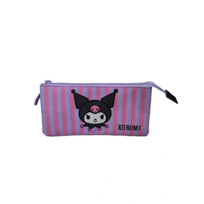 Imagen de Estuche Escolar Kuromi Triple Cierre de Cremallera Interior Totalmente Forrado y Personalizado Portatodo con 3 Compartimientos 11,5 X 23,5 3CM