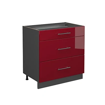 Imagen de Vicco Mueble bajo de Cocina Fame Line, Rojo Burdeos Alto Brillo/Antracita, 80 cm con 3 cajones, sin encimera