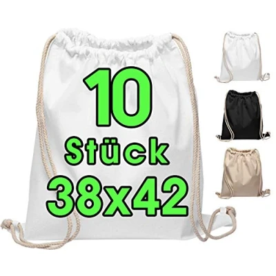 Imagen de bolsa de algodón 10 piezas 38x42cm deporte mochila tela gimnasia, bolsa, algodón, yute certificada OEKO TEX® compras Gym (Blanco)