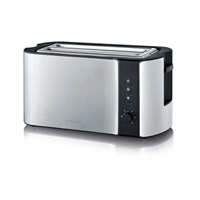 Imagen de Severin tostadora automática de ranura larga, tostador ancho con soporte para panecillos, doble calentar y descongelar, 1400 W, acero inoxidable cepillado/negro, AT 2590