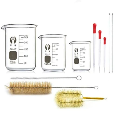 Imagen de Vaso de Vídrio Graduado, JESSTOLO 3pcs Laboratorio Borosilicato 50ml/100ml/250ml, con 3 Cepillos Limpieza, Pipetas Vidrio, 2 Varillas Agitación Vidrio para Hospital