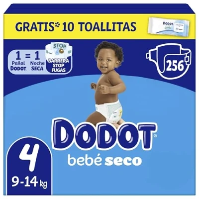 Imagen de Dodot Pañales Bebé Seco Talla 4 (9 14 kg), 256 con Protección Antifugas, Pack Mensual
