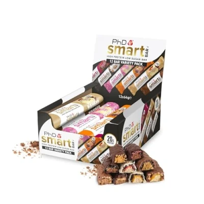 Imagen de PhD Nutrition Smart Plant Bar, Barras de proteínas bajas en azúcar, Sabores surtidos, 20 gr Proteína por porción, Barra 64 gr, paquete 12