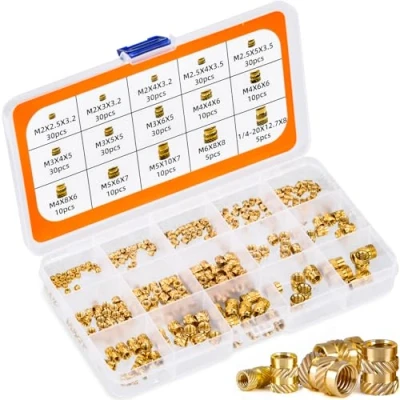 Imagen de Dottall 300 unidades de tuercas roscadas latón M2, M2.5, M3, M4, M5, M6, moleteadas con caja clasificadora para piezas plástico en impresora 3D por calentamiento o ultrasonido