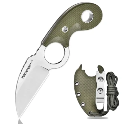 Imagen de TONIFE Crescent Cuchillo de Cuello al Aire Libre Hoja Fija 8Cr14MoV Acero con Funda Cordón y el Clip Full Tang Supervivencia (Verde+Satén)