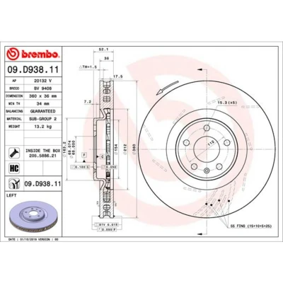 Imagen de BREMBO 09.D938.11 Disco de freno 360 36 5 ventilación interna, ranurado revestido altamente carbonizado con tornillos PORSCHE: Macan