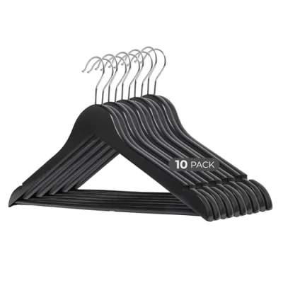 Imagen de COM FORT HOUSE Perchas de Madera Nogal Color Negro Diseño Elegante Maciza con Garra para Trajes Pack 10 Unidades Gancho Acero Inoxidable Giratorio