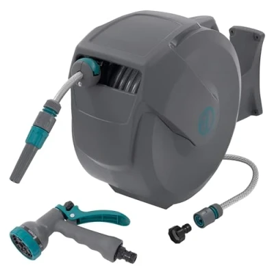Imagen de ECD Germany Carrete de Manguera 20m + 2m Extensible PVC Enrollador Automático Portamanguera con Bloqueo y 9 Funciones Pulverización, Tambor Pared Giratorio 180 para Jardín Exterior
