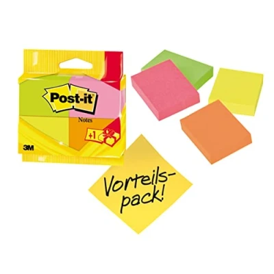 Imagen de Post it Notas, Colores De Neón Surtidos, 38 mm x 51 mm, Paquete Promocional, 100 Hojas/Bloc, 3 Blocs + 1 Gratis/Paquete