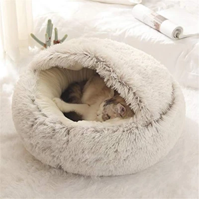 Imagen de Fashionapple Cama para Gatos Redonda de Felpa, Suave, con Capucha, Interior, cálido, cojín Dormir, Antideslizante, Lavable a máquina, y Cachorros,Café 60 cm