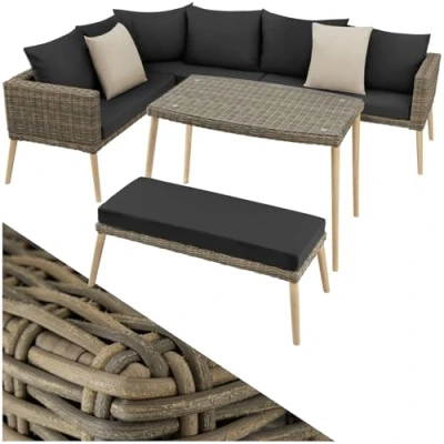 Imagen de TecTake® Conjunto Jardín Combinable en Ratán y Aluminio, Cojines, Terraza Resistente a la Intemperie, Muebles Exterior 1 Sofá, Banco, Mesa con Cristal, Fundas Extraíbles Natural