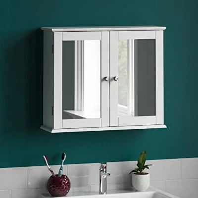 Imagen de Bath Vida Designs Milano Armario de baño con Doble Puerta Espejo, Montaje en Pared, Color Blanco, Madera ingeniería, White, H 47 x W 57 D 18 cm