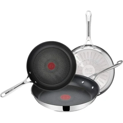 Imagen de Tefal Jamie Oliver Juego de 3 Sartenes 20/24/28 cm apto inducción, antiadherente, revestimiento titanio, Thermo signal, sin PFOA, lavavajillas y horno, acero inoxidable