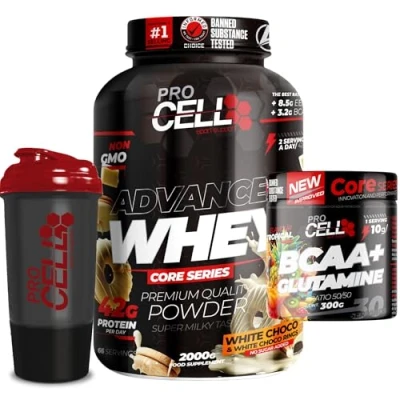 Imagen de ProCell PACK Whey Core + BCAA &amp; Glutamina 300gr Shaker REGALO proteina concentrada Aminoácidos Gana masa muscular, en polvo (2 KG, White Chocolate Choco Rings)
