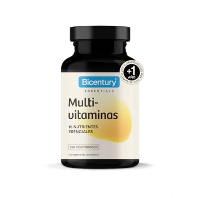 Imagen de Bicentury Multivitaminas y Minerales 15 Nutrientes Esenciales, Vitaminas A B C D E K, Zinc, Selenio, Calcio más. sin gluten, lactosa, vegano. 360 Comprimidos, suministro para 1 año