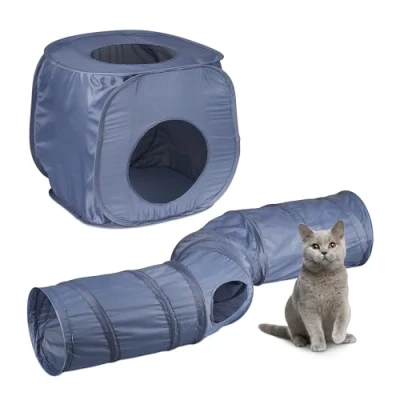 Imagen de Relaxdays Túnel para Gatos con Cueva, 2 en 1, Juguetes Felinos, Tubo Plegable Gatitos 4 Salidas, Gris