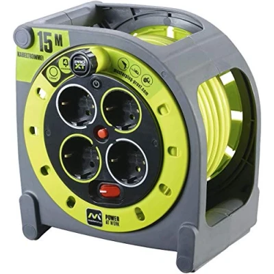 Imagen de Masterplug Pro XT Enrollacable 15m, Alargador 4 Eschufes Schuko, Extension Electico 3000w Gris/Verde