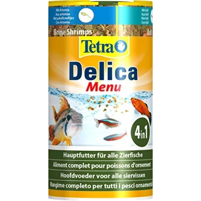 Imagen de Tetra Delica Menu alimento natural 4 tipos diferentes de alimentos animales en cámaras individuales (artemia, krill, camarones, moscas agua), snacks naturales para peces ornamentales, lata 100 ml