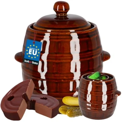 Imagen de KOTARBAU® Barril de gres con Tapa y Piedra presión, 5 L, Marrón, Jarrón Barro, Recipiente cerámica Asas, Olla Cocina para fermentación, Tarro fermentar chucrut, Kimchi, Bote
