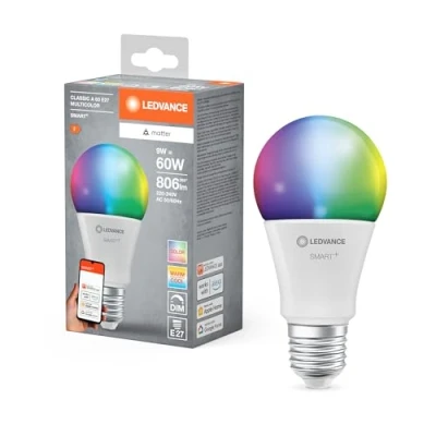 Imagen de LEDVANCE Lámpara LED SMART+ MATTER, compatible con Google, Alexa, Apple, aspecto esmerilado, 9W, 806lm, base E27, función RGBW y luz blanca, control por app o voz, vida útil de hasta 20.000 horas
